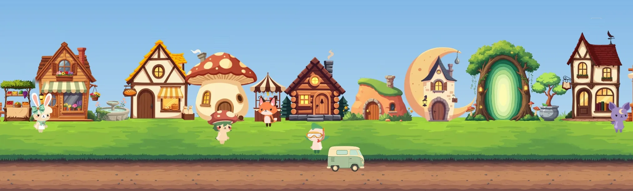A side view of the street: a farm stand, a flower shop, a bakery, a mushroom house, a log cabin, a hobbit hill, a moon house, a glowing tree portal, and a tudor bookshop on green grass