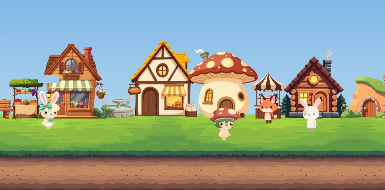 Villagers walking past a bakery, a bookshop, and an ice cream shop on the street